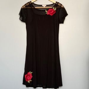 Charming Charlie Red rose patch black dress